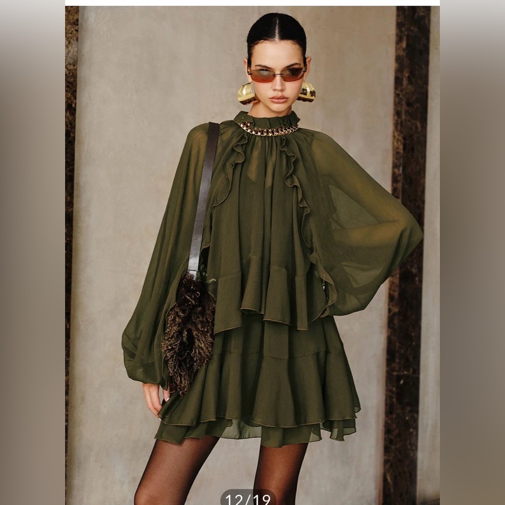 Commense Olive Green Ruffled Mini Dress